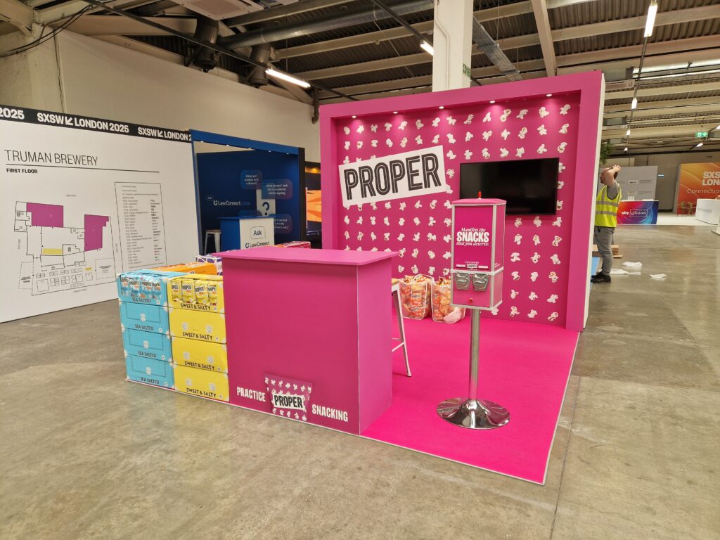 Proper Snacks - SXSW London 2025 - Shoreditch 6 proper sxsw london exhibition stand expositionists 2